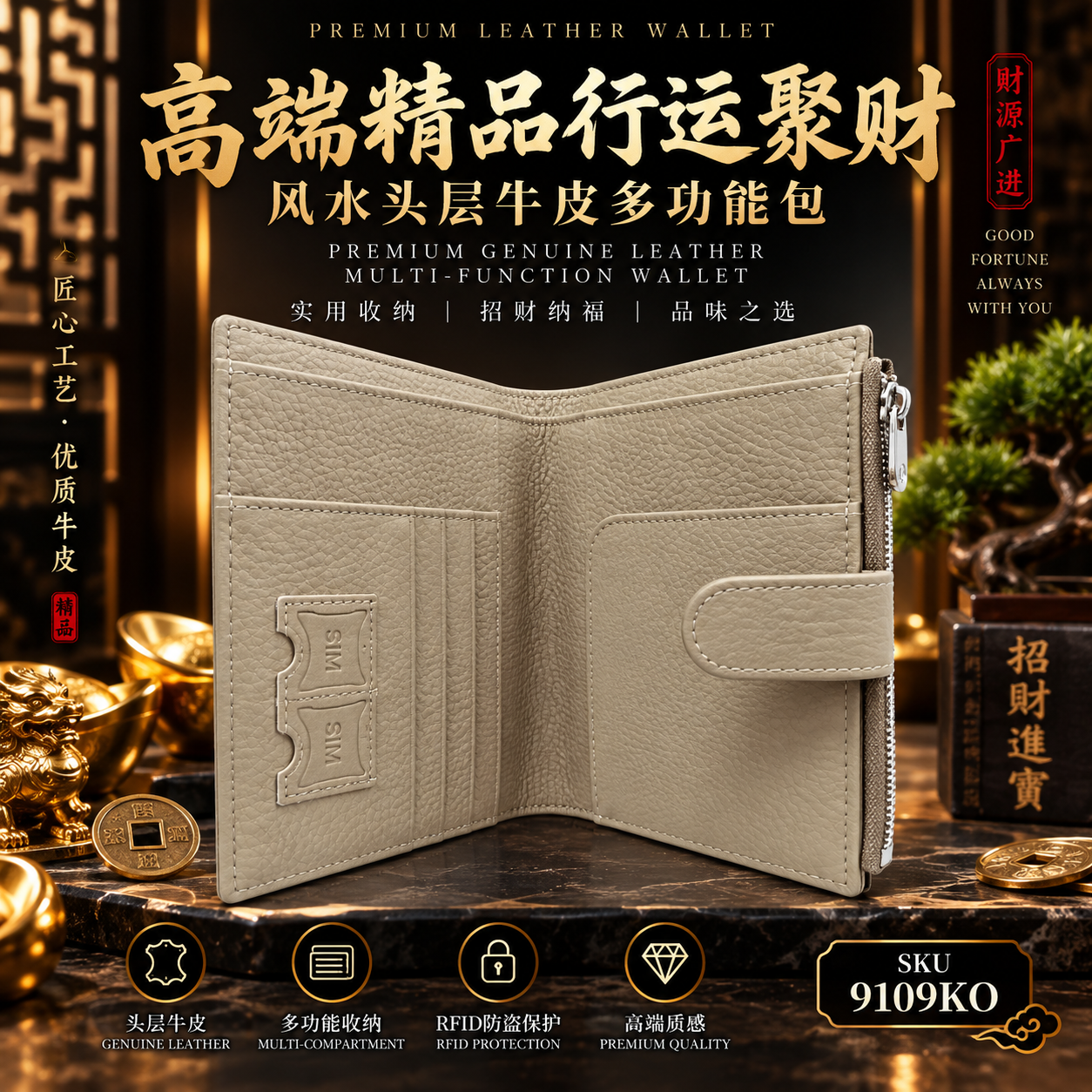 高端精品行运聚财.风水头层牛皮多功能包 premium genuine leather multi function wallet