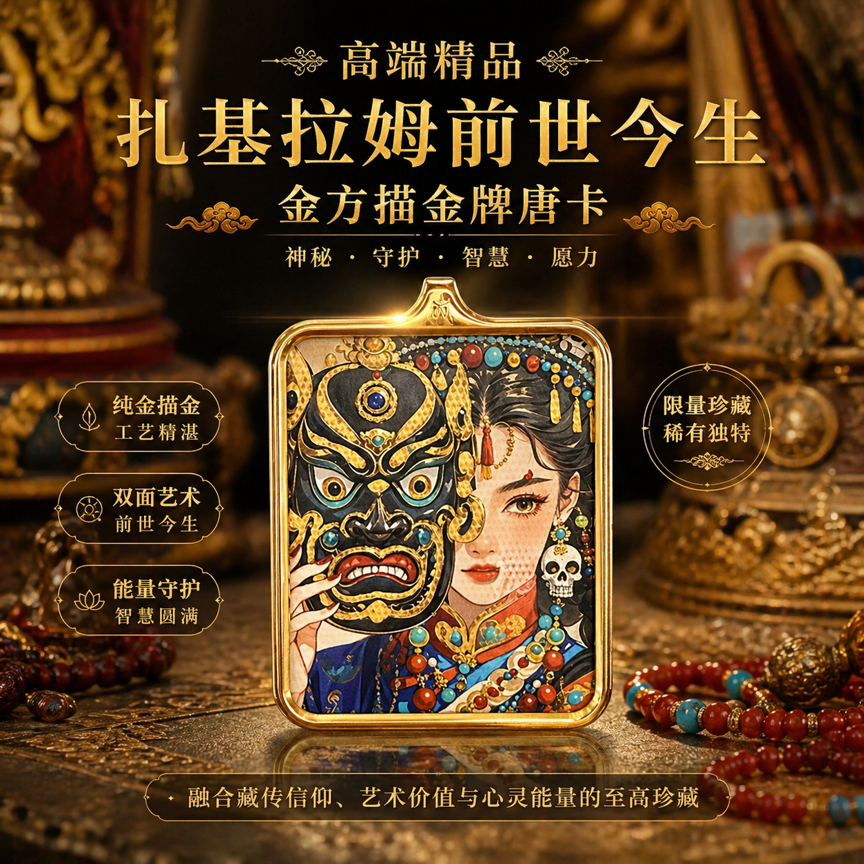 高端精品扎基拉姆前世今生金方描金牌唐卡 Premium Zaki Ram Past & Present Gold-Gilded Square Thangka Plaque