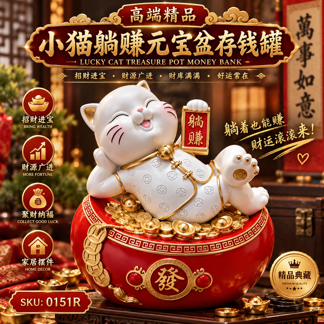 高端精品小猫躺赚元宝盆存钱罐 Luxury Lucky Cat Fortune Gold Ingot Money Pot Piggy Bank