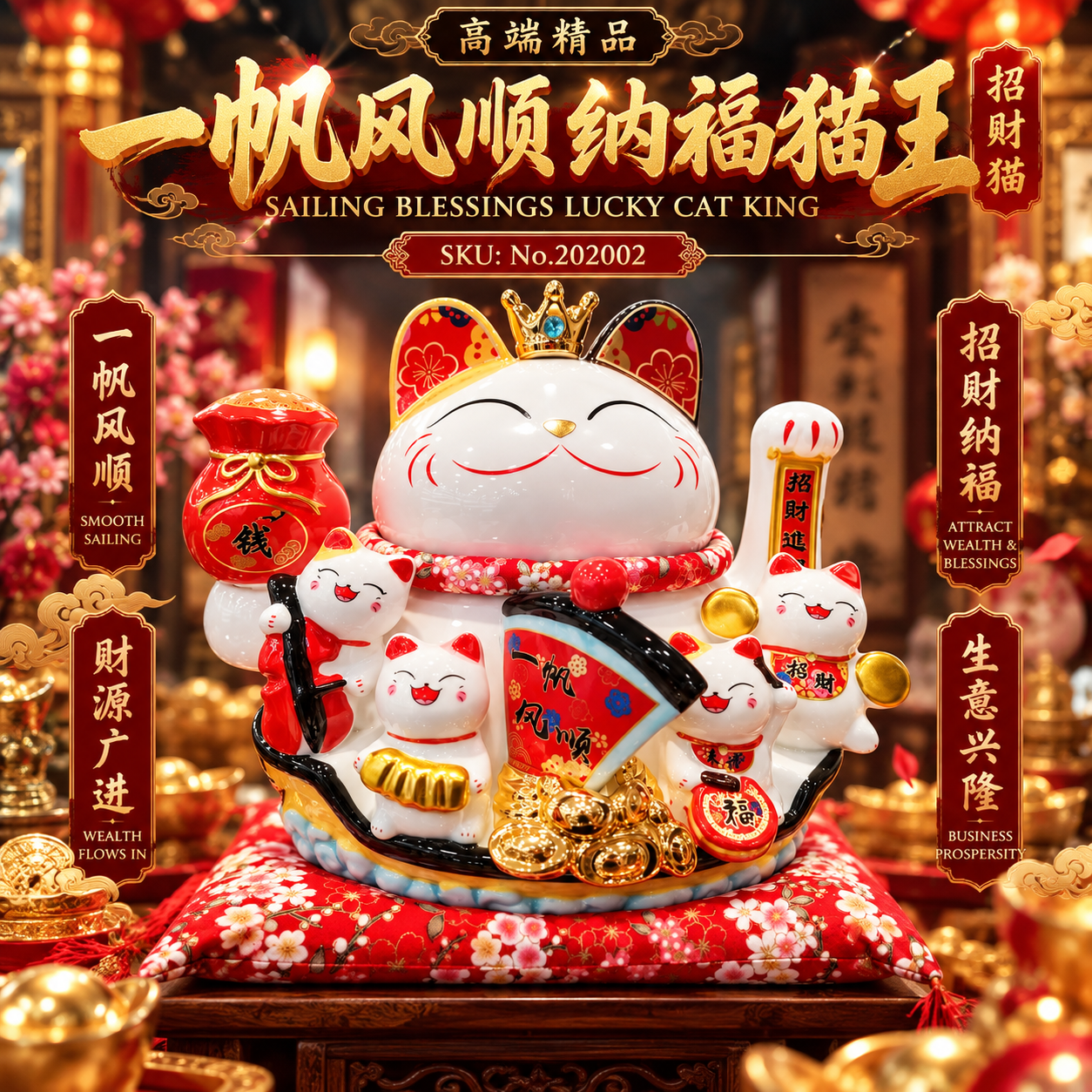 高端精品一帆風順納福貓王招財貓 Premium Luxury Smooth Sailing Fortune King Lucky Cat