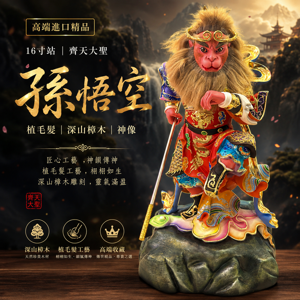 高端進口精品16寸站齊天大圣植毛髮深山樟木神像 High-End 16” Standing Qi Tian Da Sheng Statue Hand-Implanted Hair, Deep Mountain Camphor Wood