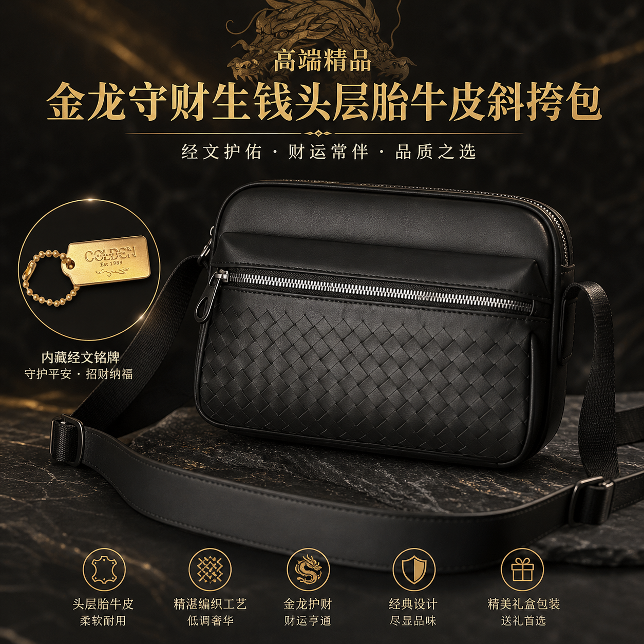 高端精品金龙守财生钱头层胎牛皮斜挎包 Golden Dragon Wealth Guard Money-Generating Premium Top-Grain Calf Leather Crossbody Bag