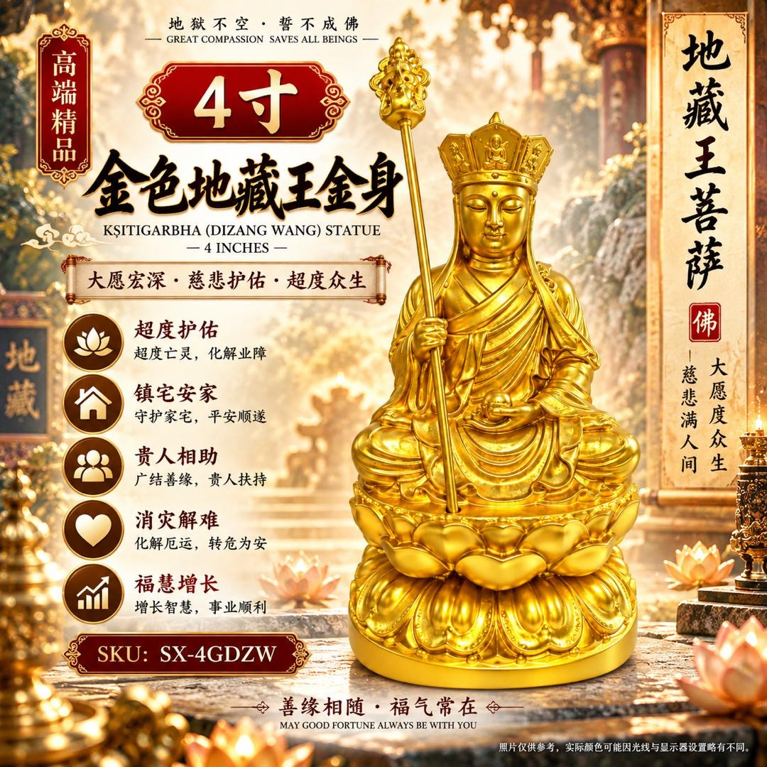 高端精品4寸金色地藏王金身 kasitigarbha（dizangwang）statue 4 inches