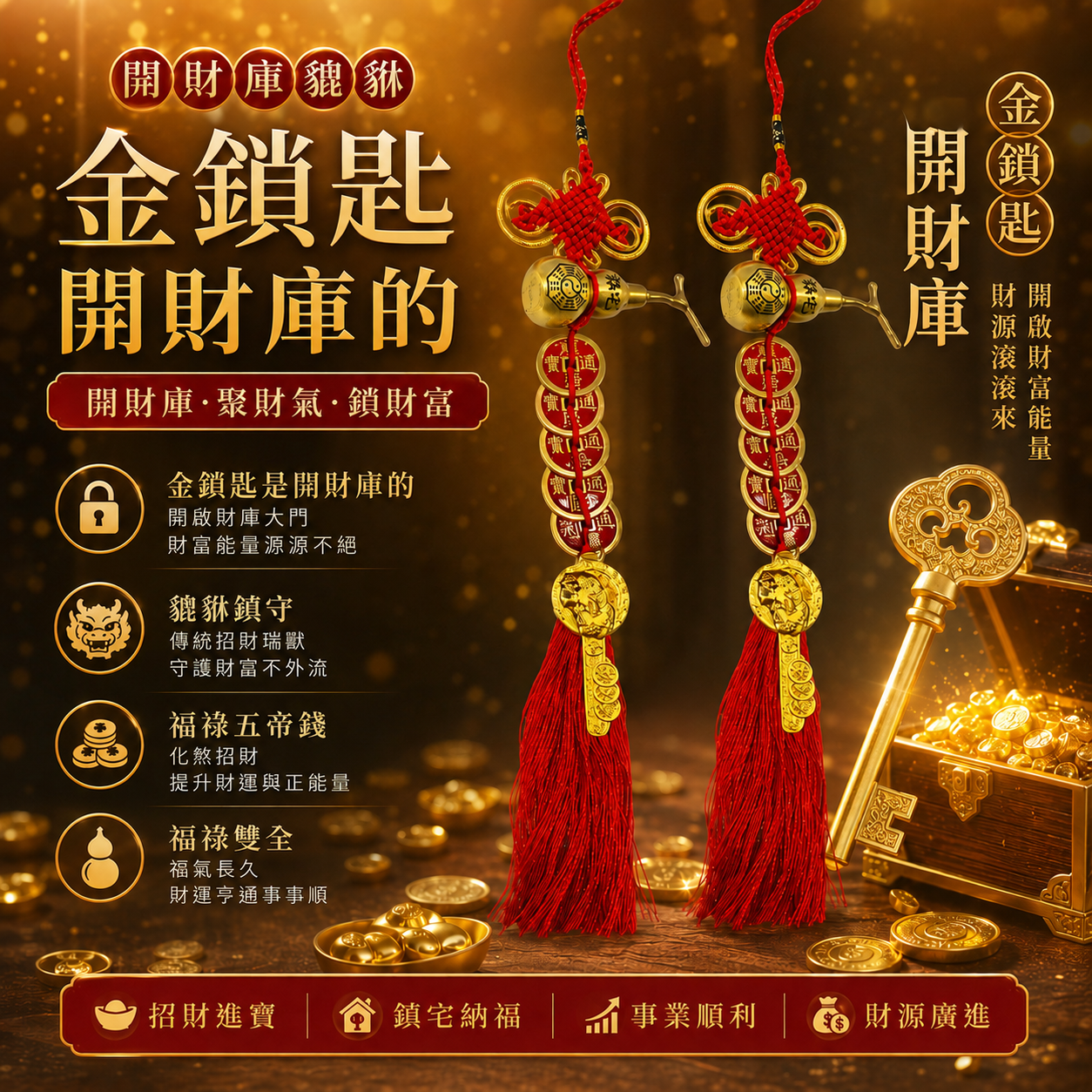 横财就手．手到擒来．福祿五帝錢 | Fortune in Hand · Prosperity Attained · Five Emperor Coins of Blessing