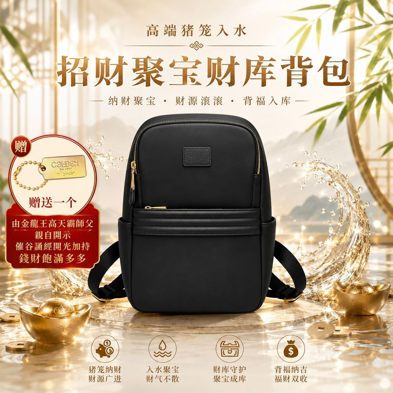 高端猪笼入水招财聚宝财库背包 (黑）Fortune Flowing Wealth Vault Backpack
