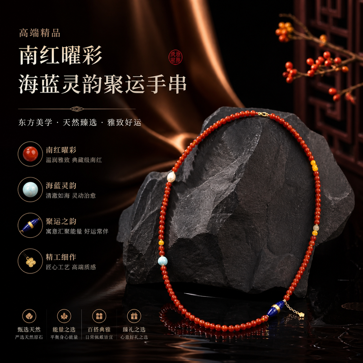 高端精品南红曜彩海蓝灵韵聚运手串 Premium Nanhong & Aquamarine Aura Bracelet – Fortune & Energy Alignment