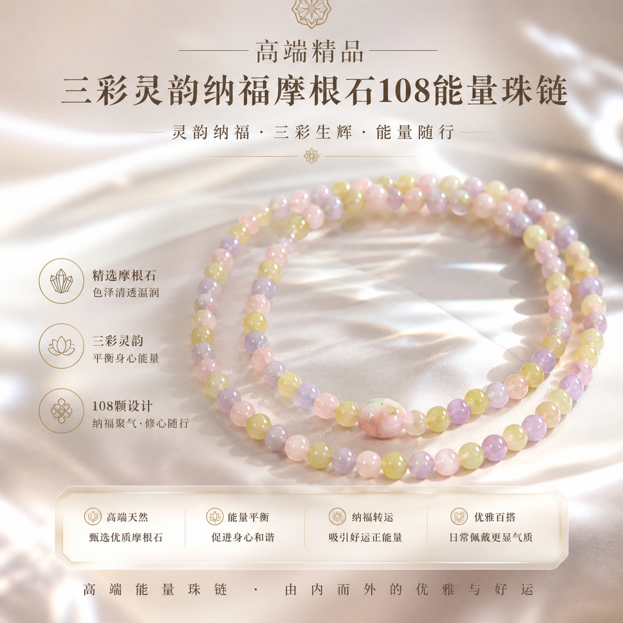 高端精品三彩灵韵纳福摩根石108能量珠链  Tricolor Aura Morganite 108 Energy Mala Necklace