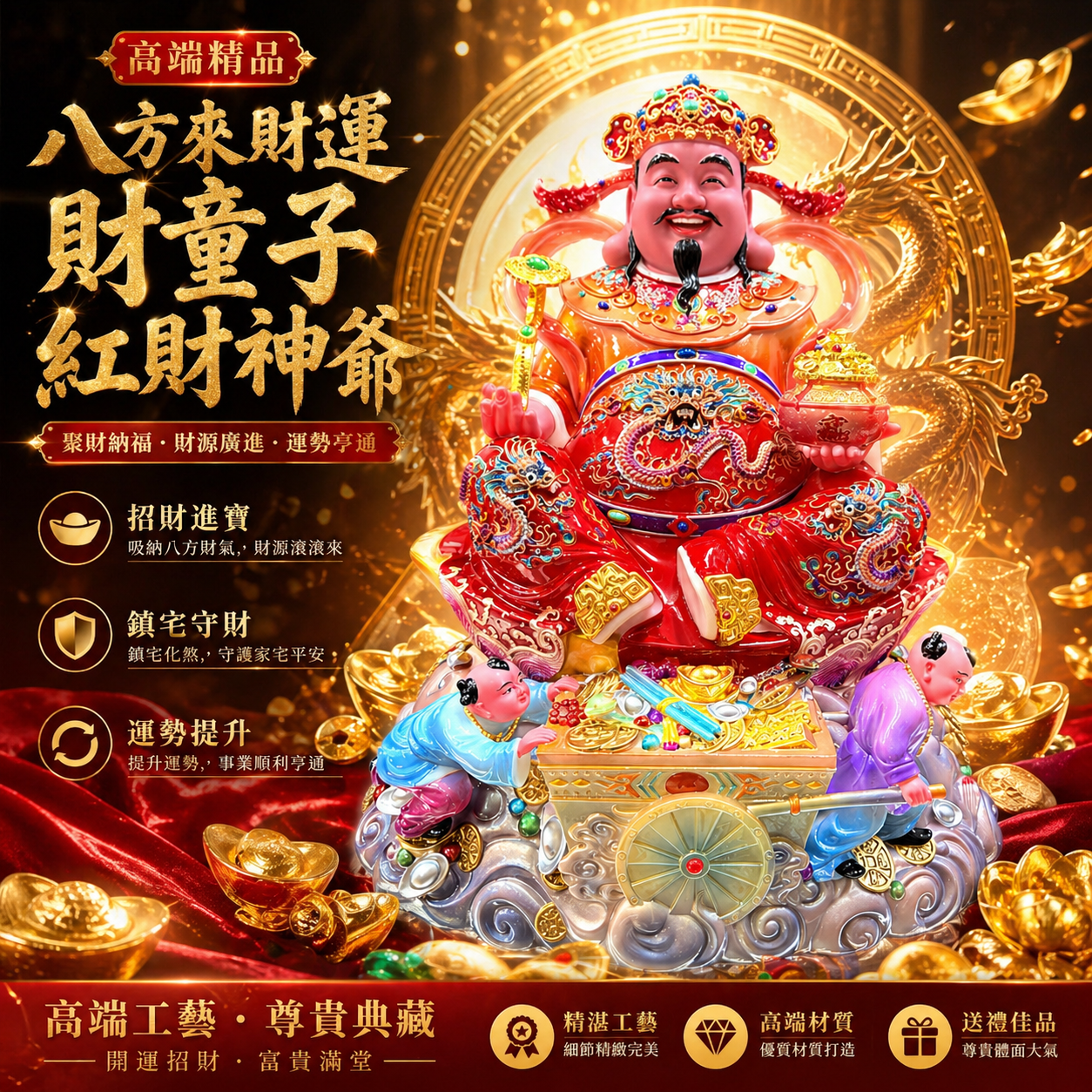 高端精品八方来财运财童子红财神爷Premium Eight-Directions Prosperity Fortune Boy & Red God of Wealth