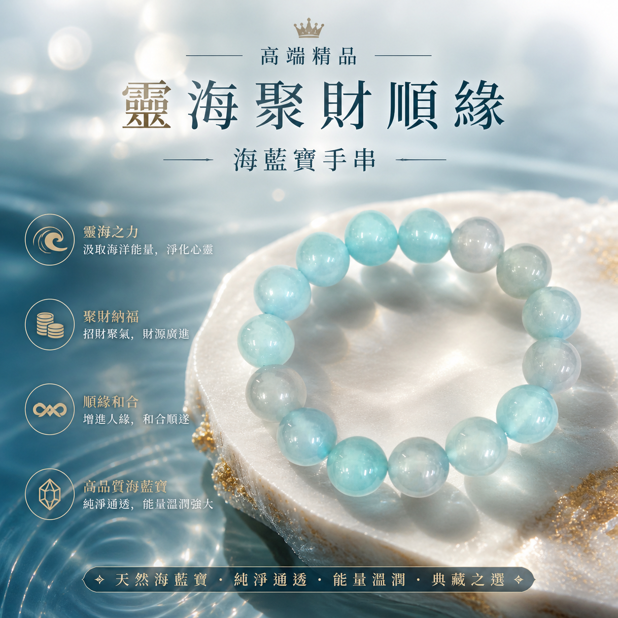 高端精品靈海聚財順緣海藍寶手串Ocean Spirit Aquamarine Prosperity Bracelet