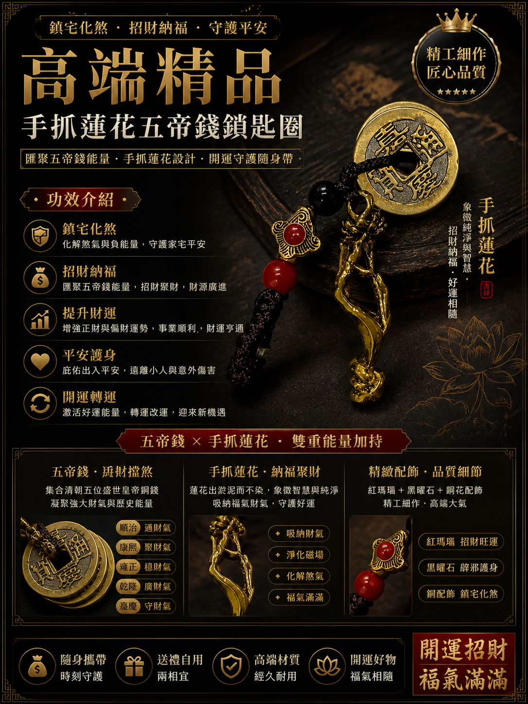 高端精品手抓蓮花五帝錢鎖匙圈 Five Emperor Coins Lotus Charm