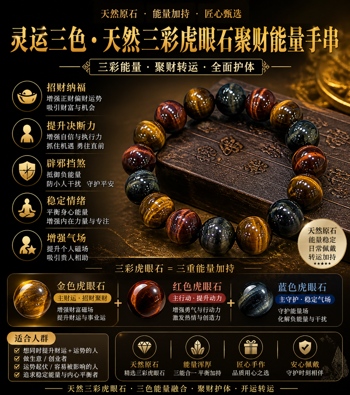 高端精品灵运三色•天然三彩虎眼石聚财能量手串 Premium Tri-Color Tiger’s Eye Energy Bracelet for Wealth & Prosperity