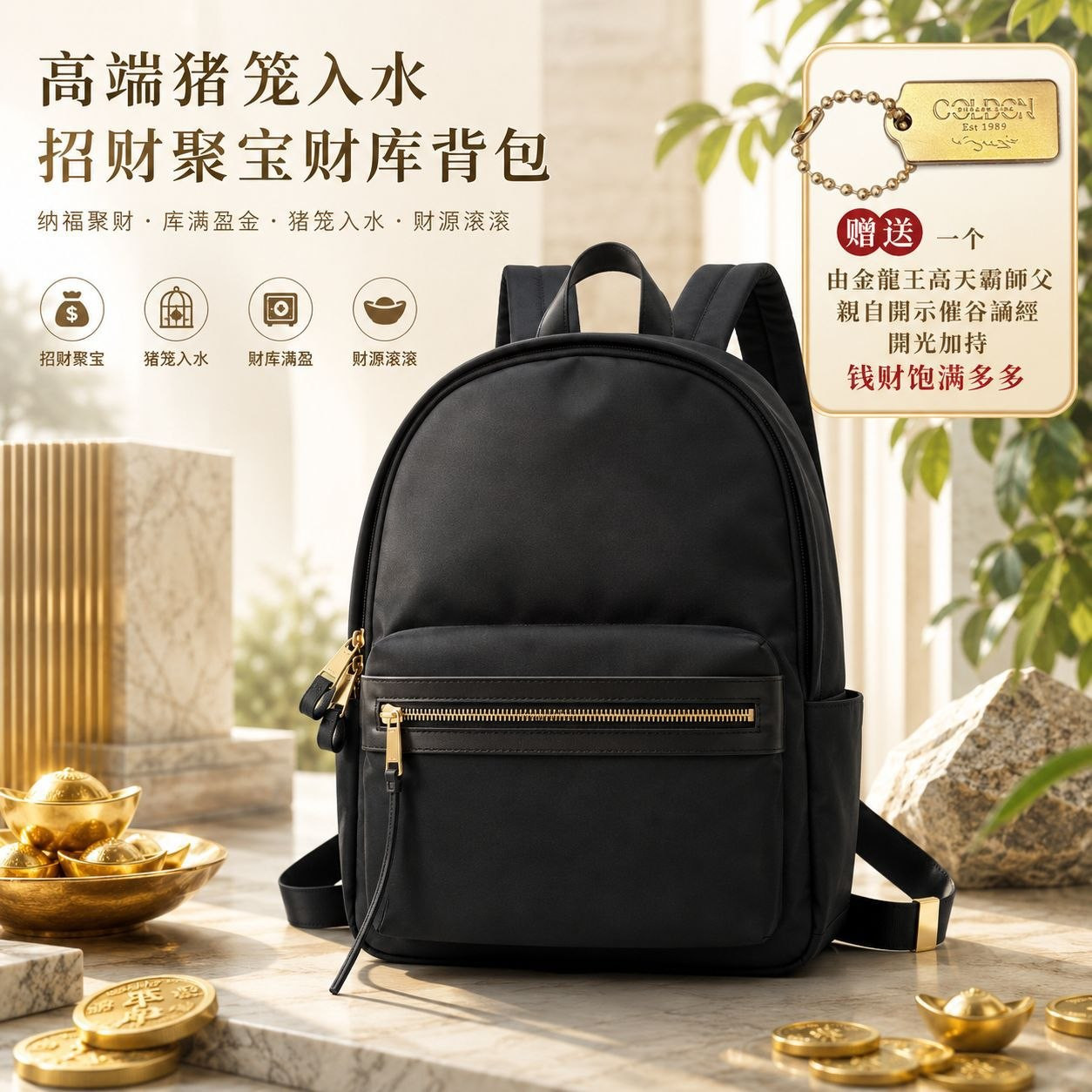 高端猪笼入水招财聚宝财库背包 (黑）Fortune Flowing Wealth Vault Backpack