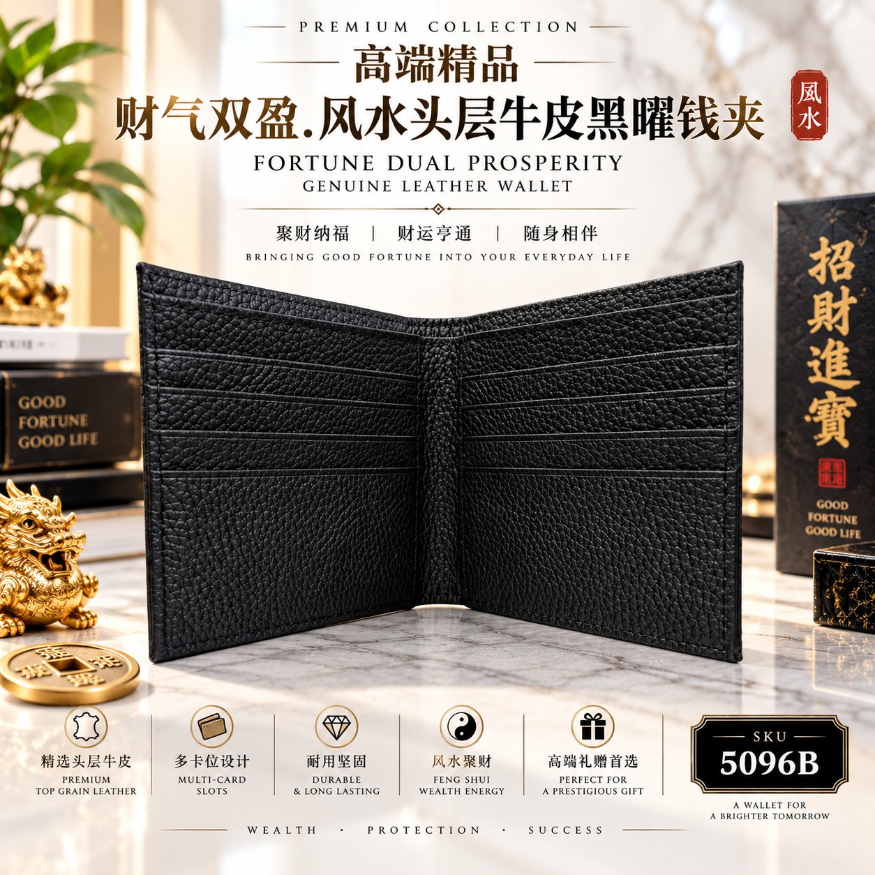 高端精品財氣雙盈.風水頭層牛皮黑曜錢夾 Premium Collection Fortune Dual Prosperity Genuine Leather Wallet