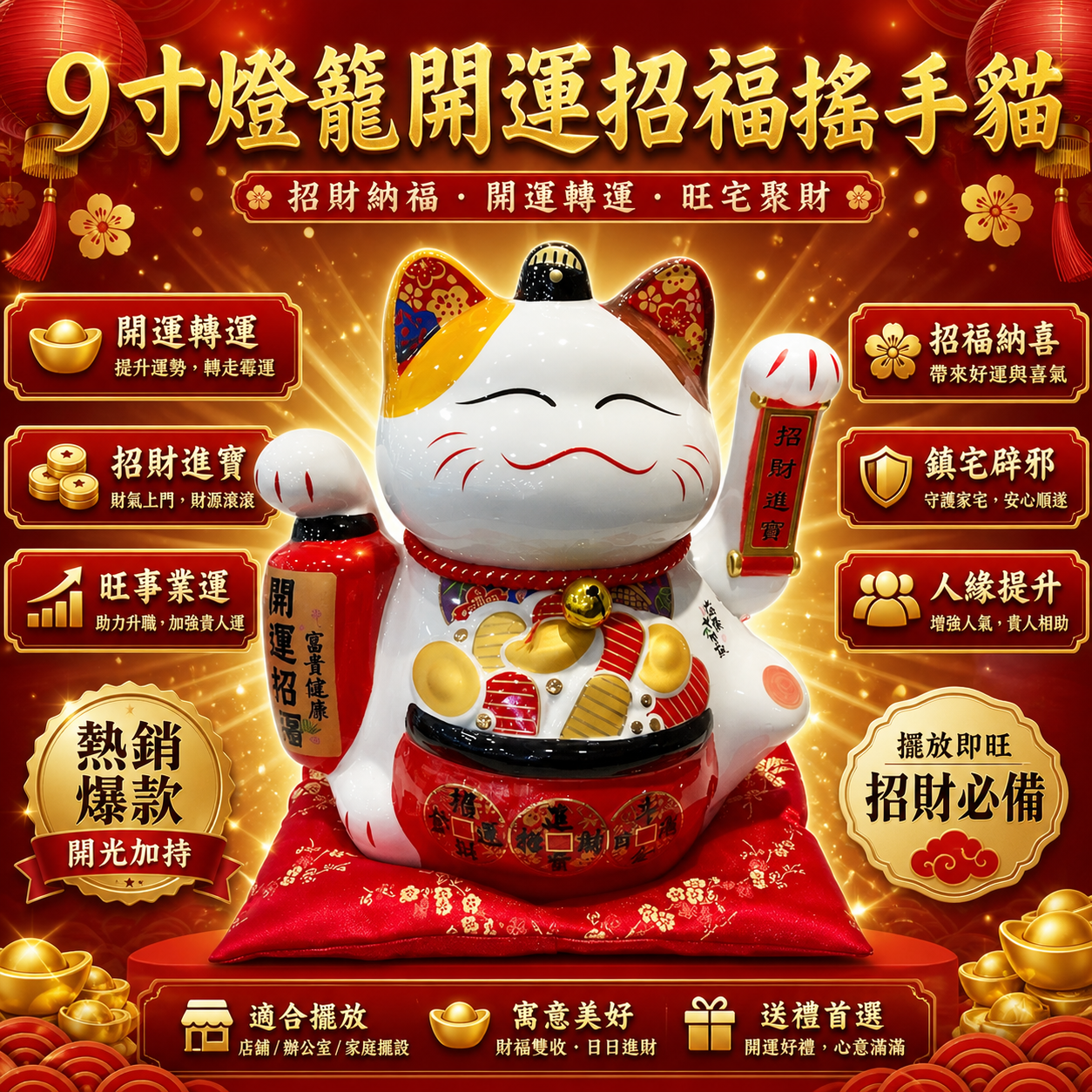 9寸燈籠開運招福搖手貓 | Lucky Waving Cat with Lantern for Good Fortune and Blessings