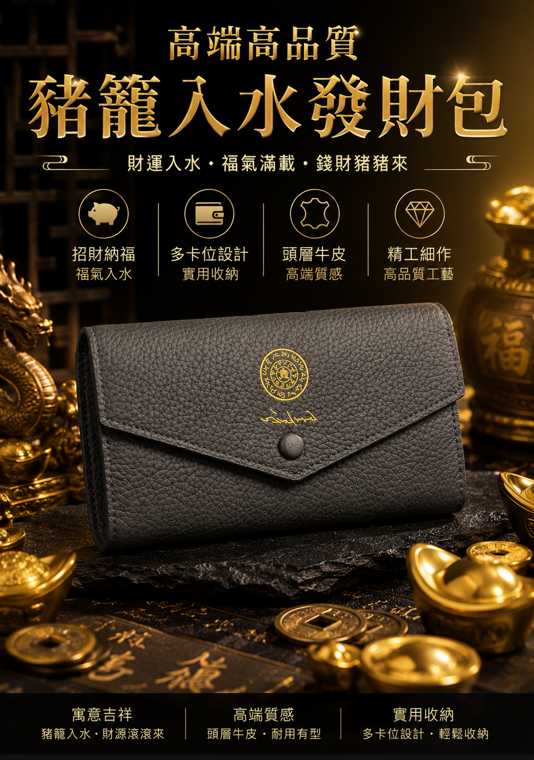 高端高品質豬籠入水發財包 Premium Prosperity Wallet – Wealth Flows In Like Water