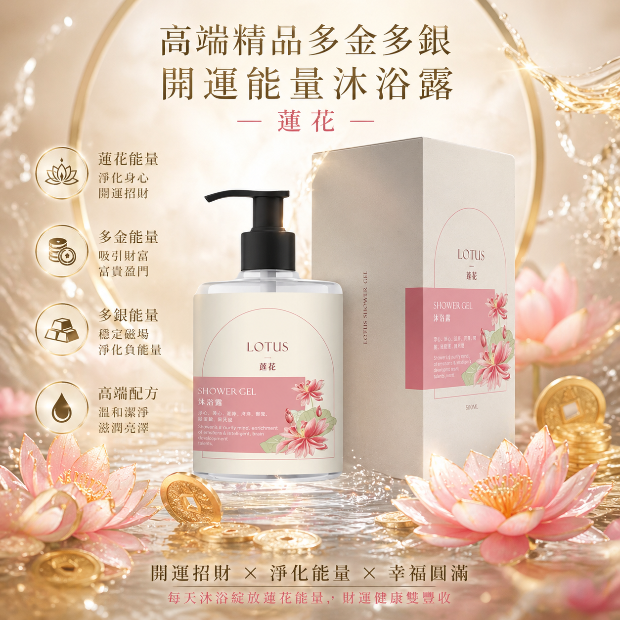 多金多銀開運能量沐浴露【莲花】| Energy-boost shower gel with fortune & luck enrichment【LOTUS】