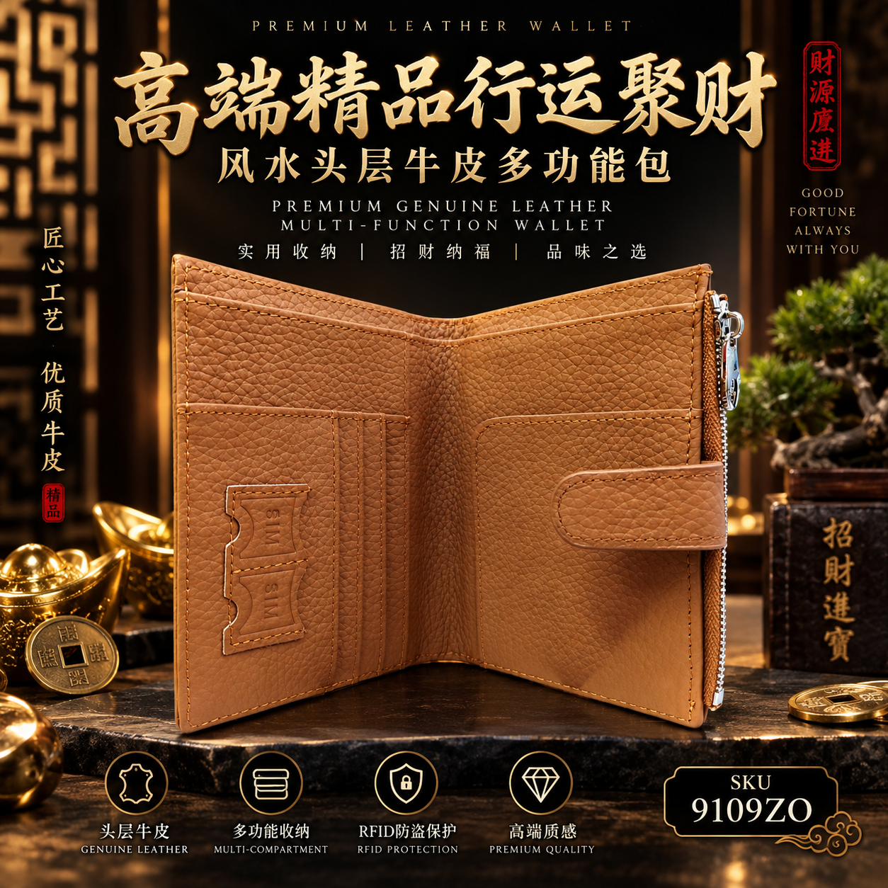 高端精品行运聚财.风水头层牛皮多功能包 premium genuine leather multi function wallet