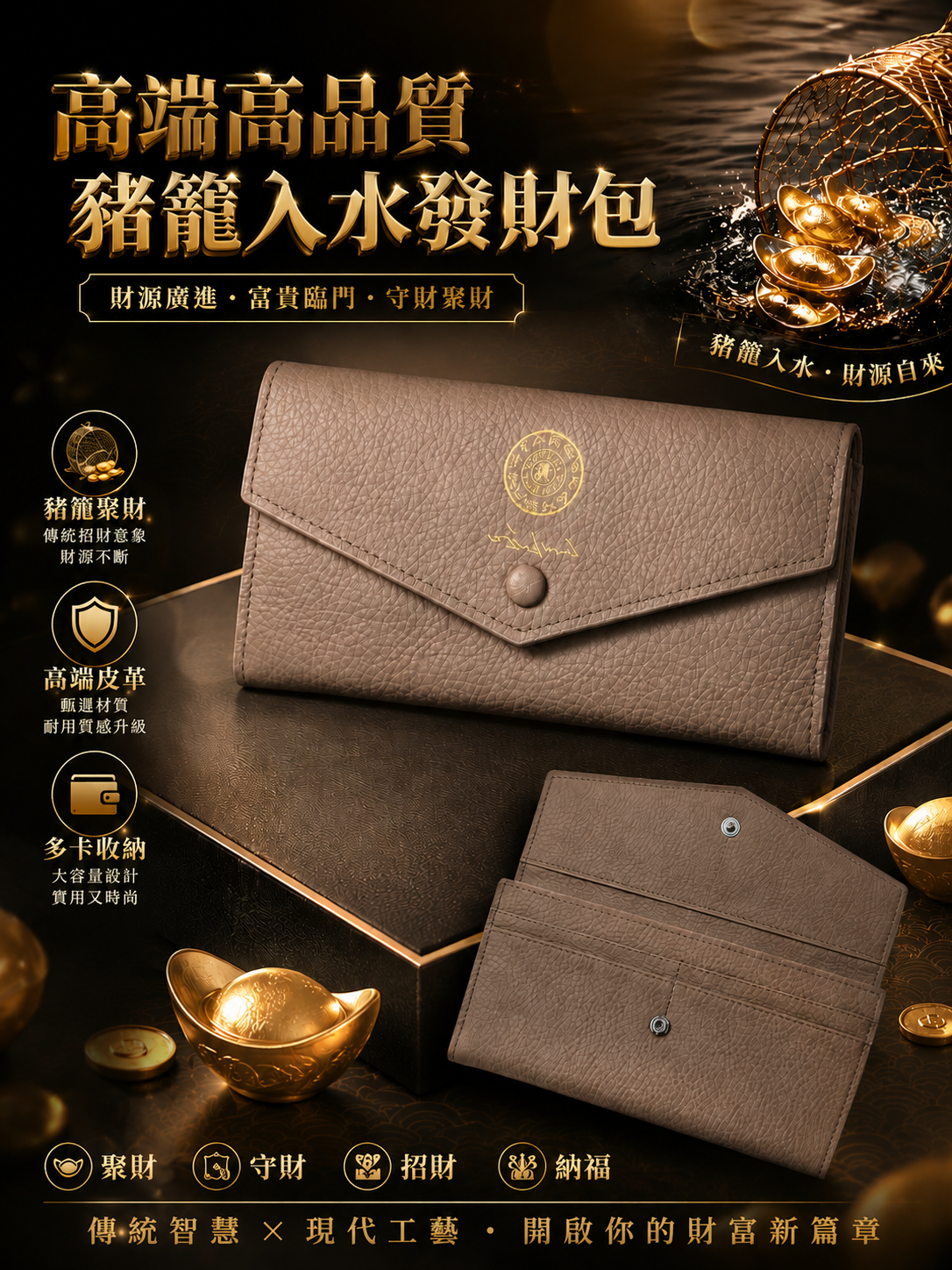高端高品質豬籠入水發財包 Premium Prosperity Wallet – Wealth Flows In Like Water
