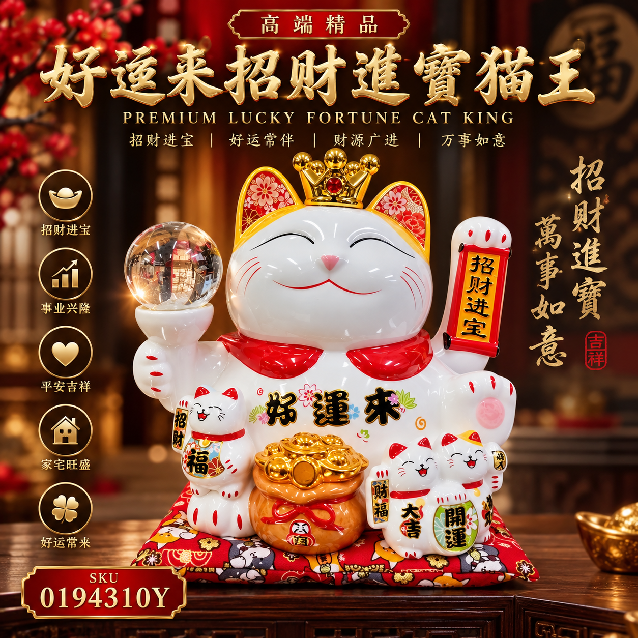 高端精品好运来招财进宝猫王招财猫 Premium Fortune-Bringing King Maneki-Neko