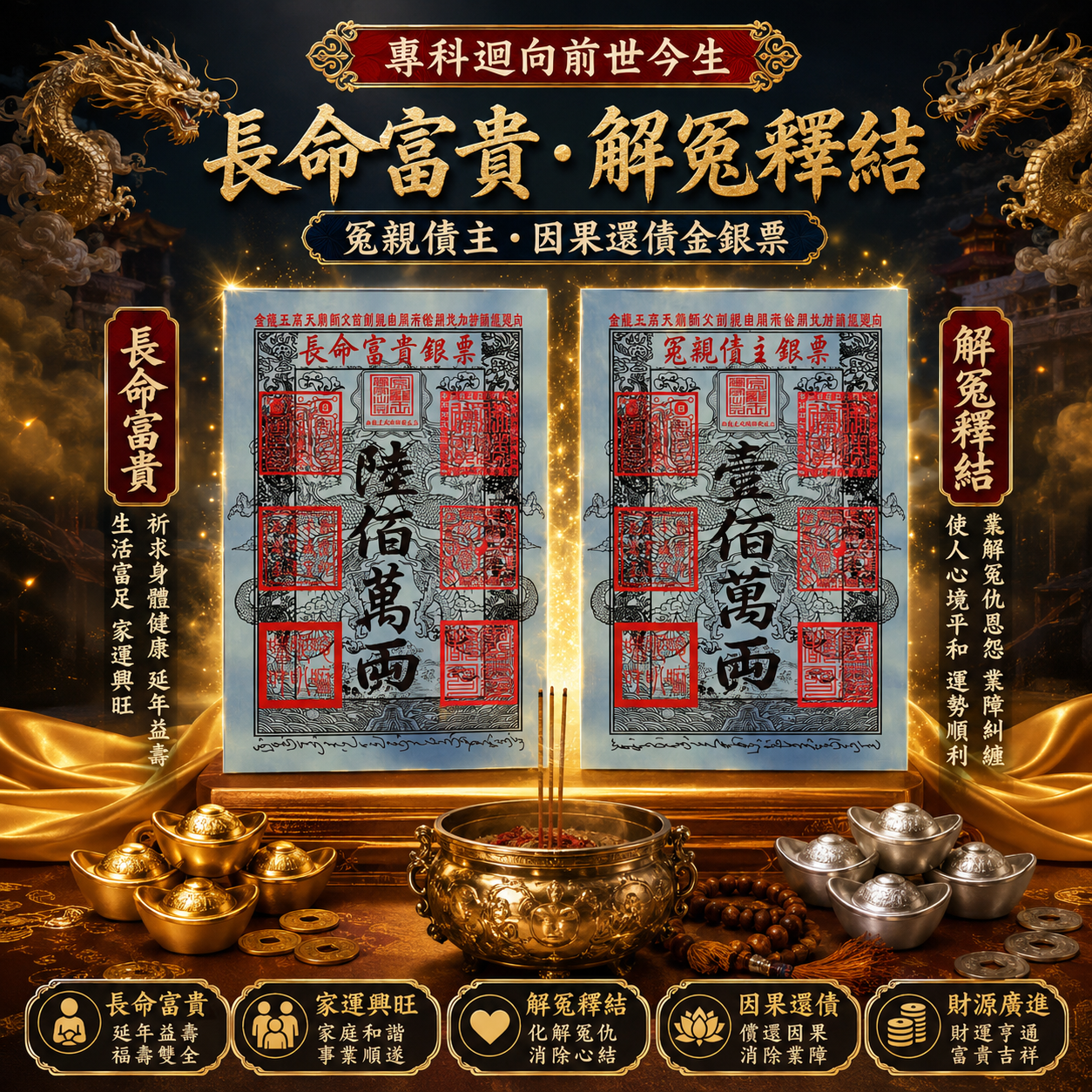 ［長命富貴.解冤釋結］ Longevity & Wealth - Karma-Resolving Harmony 加強版.專科迴向前世今生 冤亲债主 因果还债金银票 (Enchanced Edition] Repay Debts For Past & Present Life Creditors(EVERYTHING)