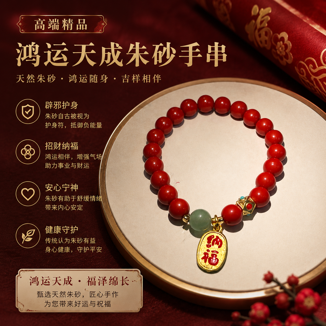 高端精品鸿运天成朱砂手串  Premium Cinnabar Bracelet of Heaven-Blessed Fortune
