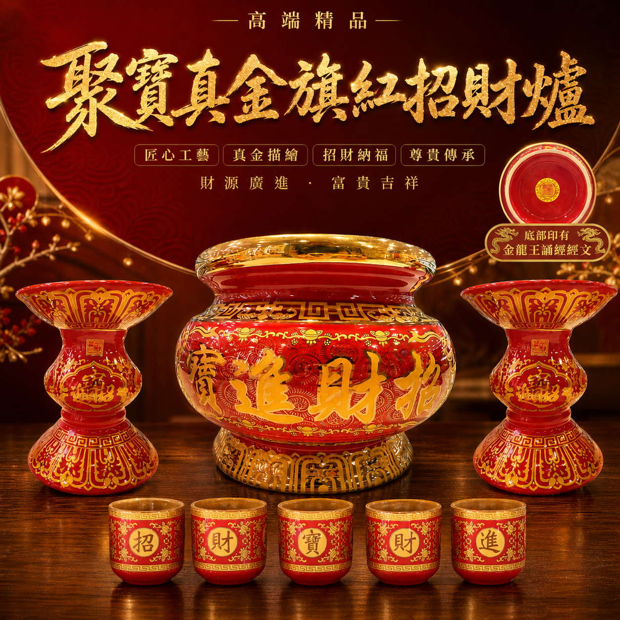 高端精品聚寶真金旗紅招財爐 Luxury Premium Fortune-Attracting Red Gold Incense Burner