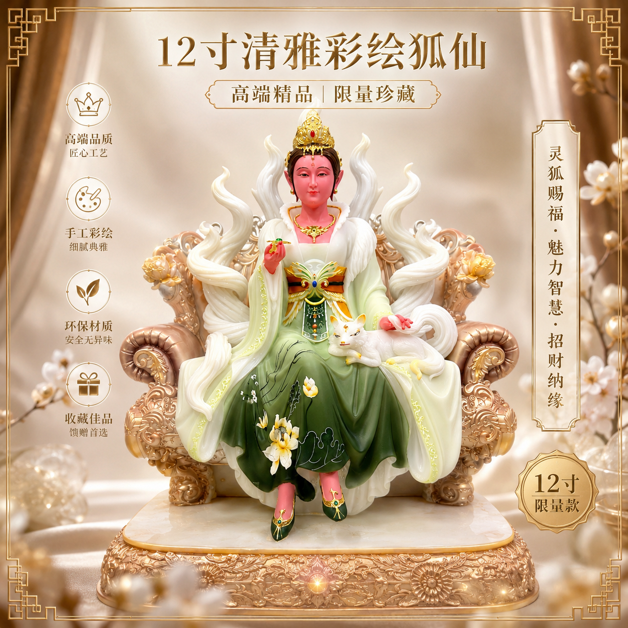 高端精品12寸清雅彩绘狐仙 Premium Elegant Hand-Painted Fox Fairy