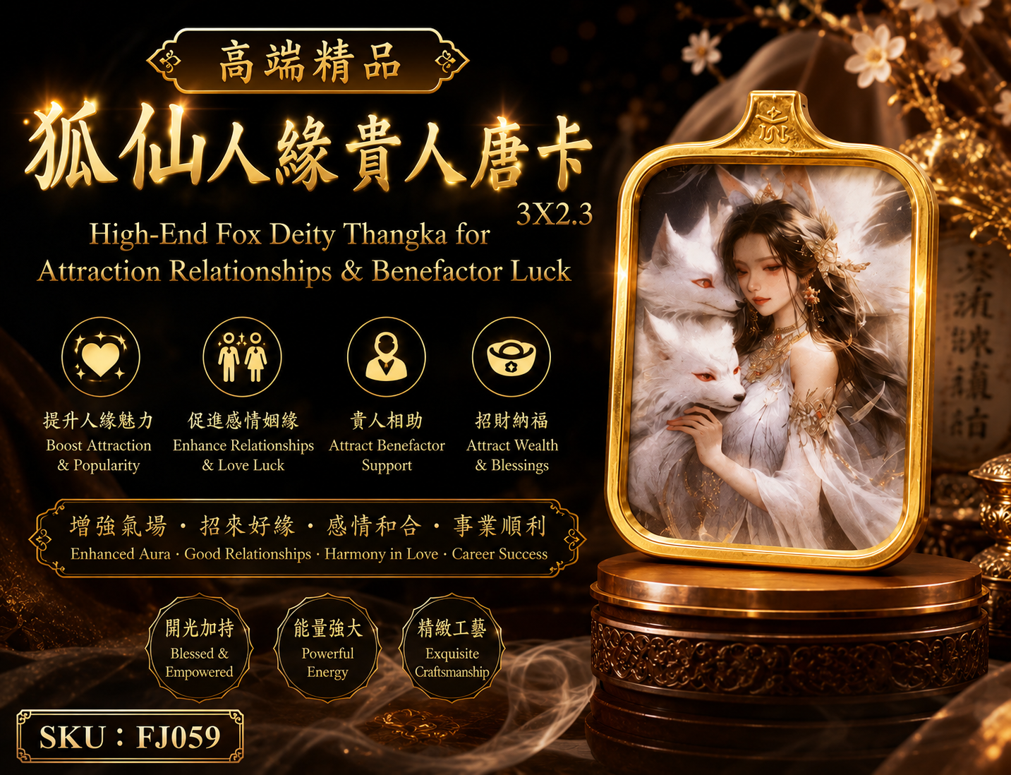 高端精品狐仙人緣貴人唐卡 3X2.3 High-End Fox Deity Thangka for Attraction Relationships & Benefactor Luck
