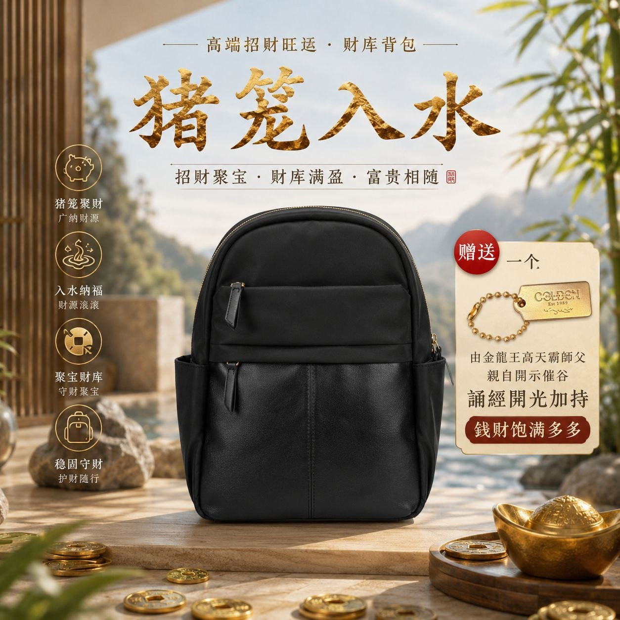 高端猪笼入水招财聚宝财库背包 (黑）Fortune Flowing Wealth Vault Backpack