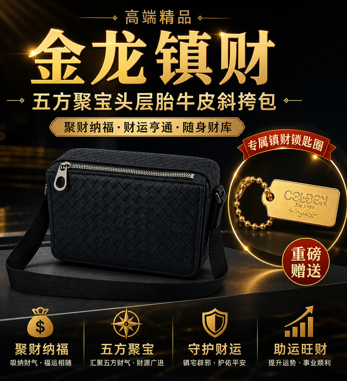 高端精品金龙镇财五方聚宝头层胎牛皮斜挎包 Golden Dragon Wealth Vault Premium Calf Leather Crossbody Bag
