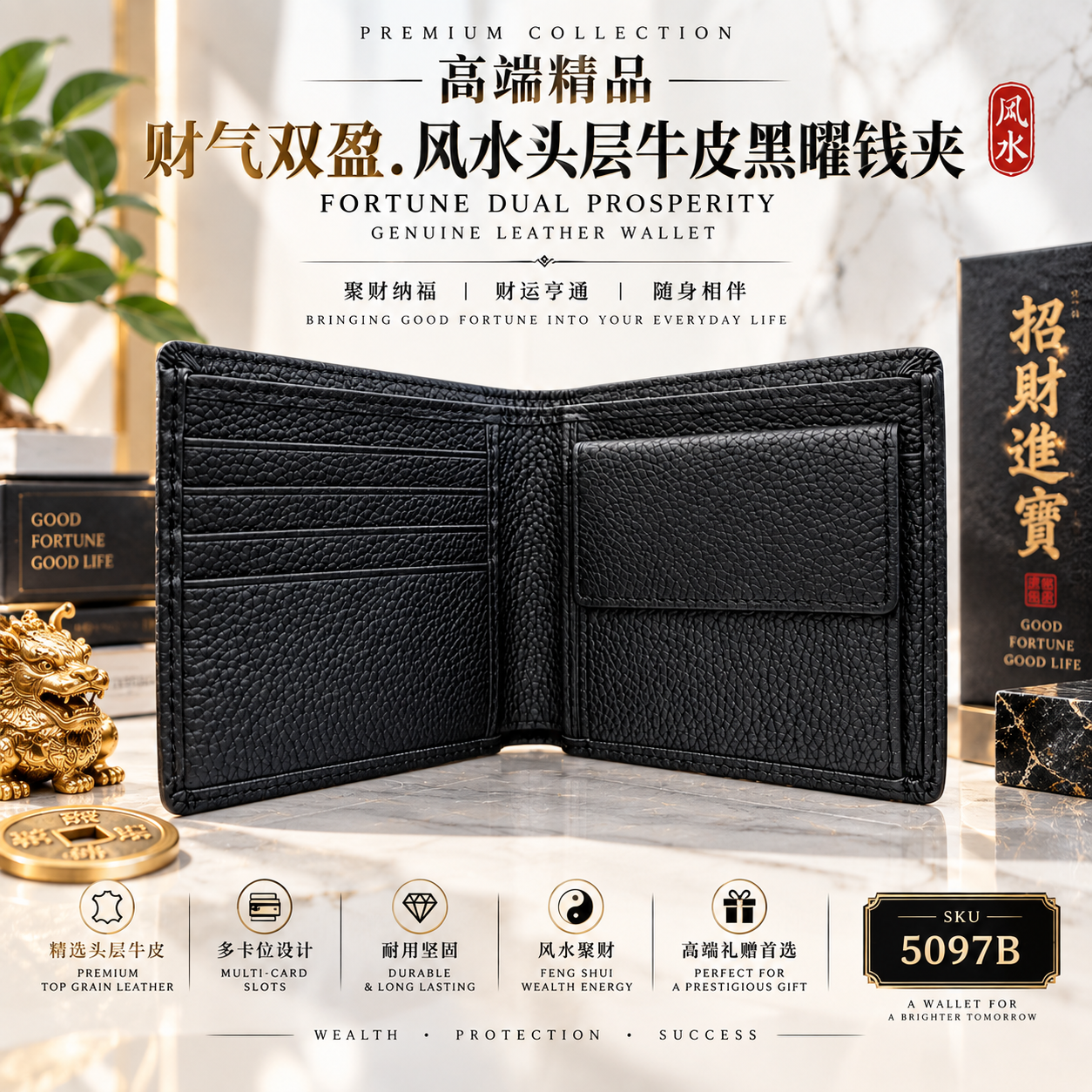 高端精品財氣雙盈.風水頭層牛皮黑曜錢夾 Premium Collection Fortune Dual Prosperity Genuine Leather Wallet