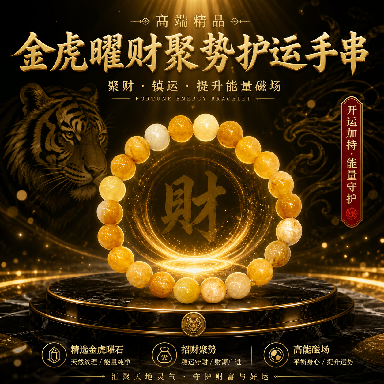 高端精品金虎曜财聚势护运手串 Imperial Golden Tiger Eye Wealth Bracelet — Energy Amplification · Fortune Attraction · Protective Aura