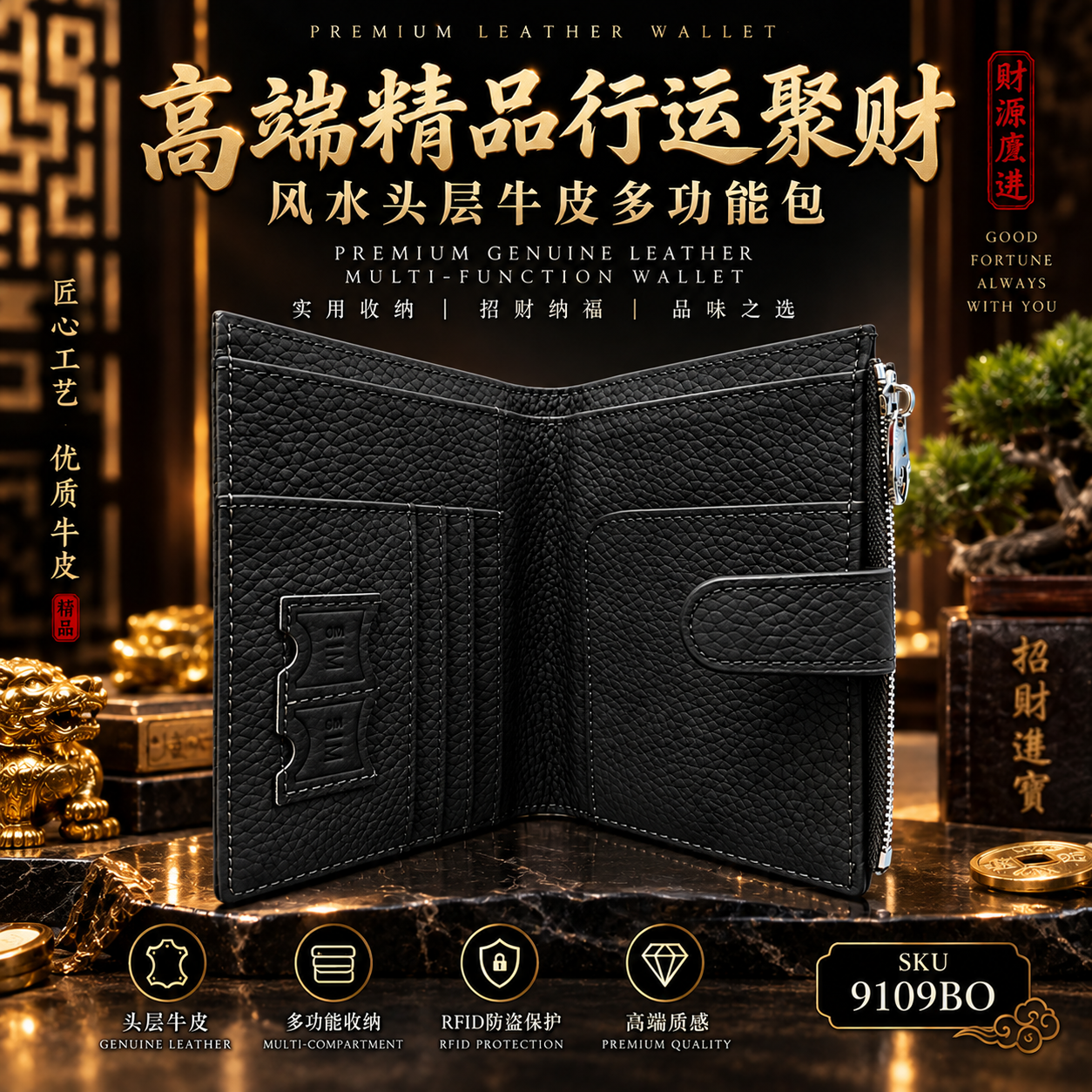 高端精品行运聚财.风水头层牛皮多功能包 premium genuine leather multi function wallet