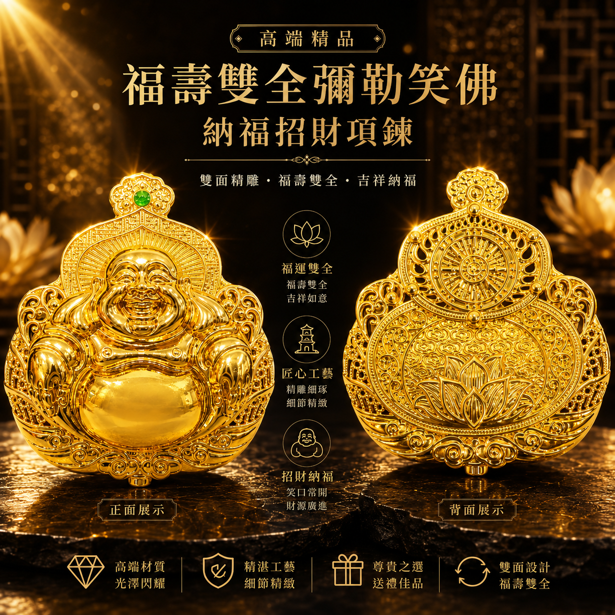 高端精品福壽雙全彌勒笑佛納福招財项链 Premium Fortune & Longevity Laughing Buddha Pendant