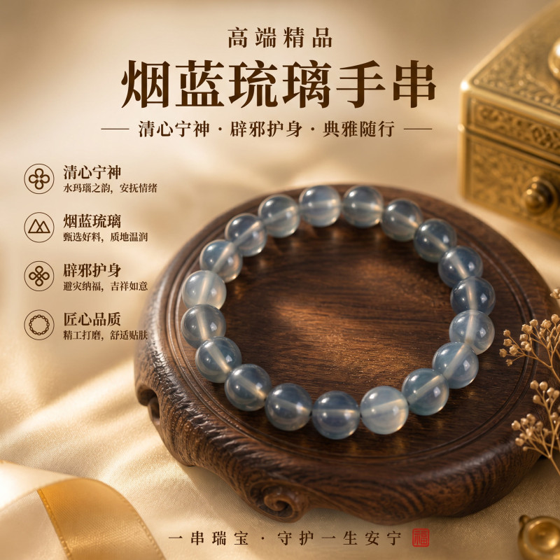 烟蓝琉璃手串 | Smoky Blue Crystal Bracelet