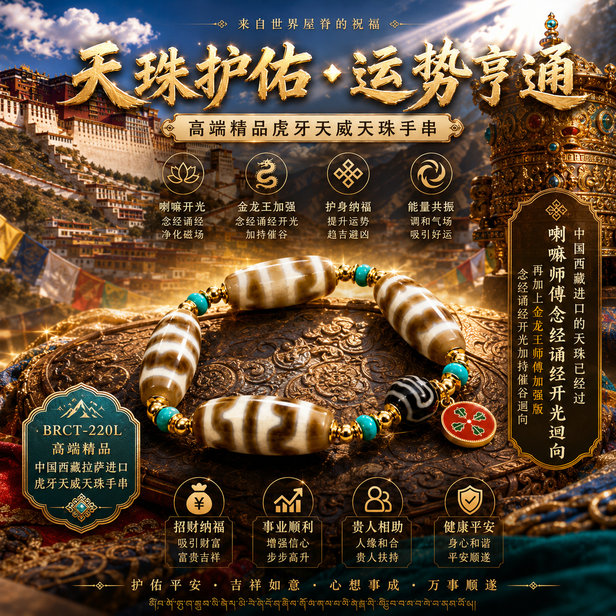 高端精品中国西藏拉萨进口虎牙天威天珠手串  Premium Lhasa Tibet Imported Tiger Fang Tianwei Dzi Bracelet