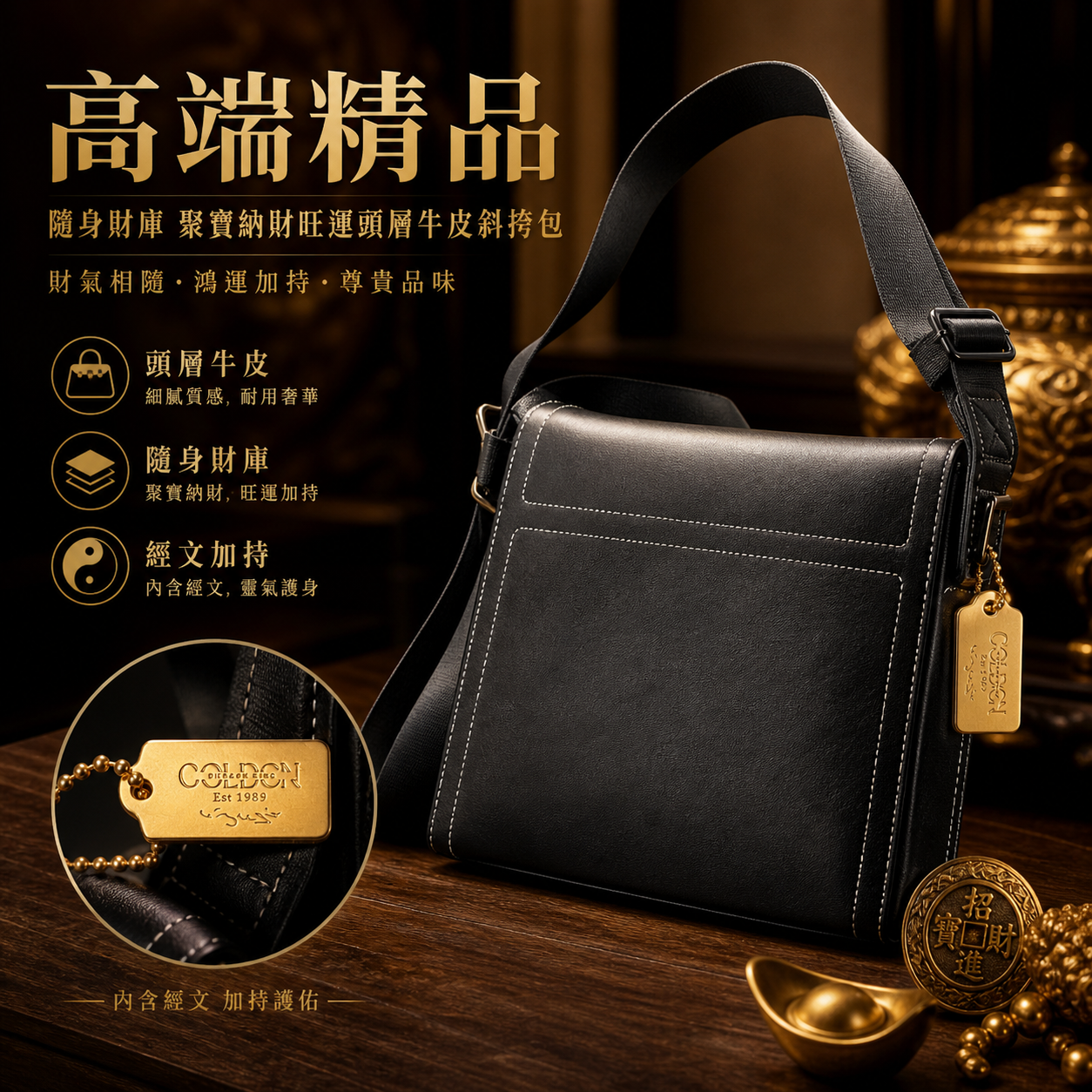 高端精品随身财库聚宝纳财旺运头层牛皮斜挎包 Premium Personal Wealth Vault Top-Grain Leather Crossbody Bag
