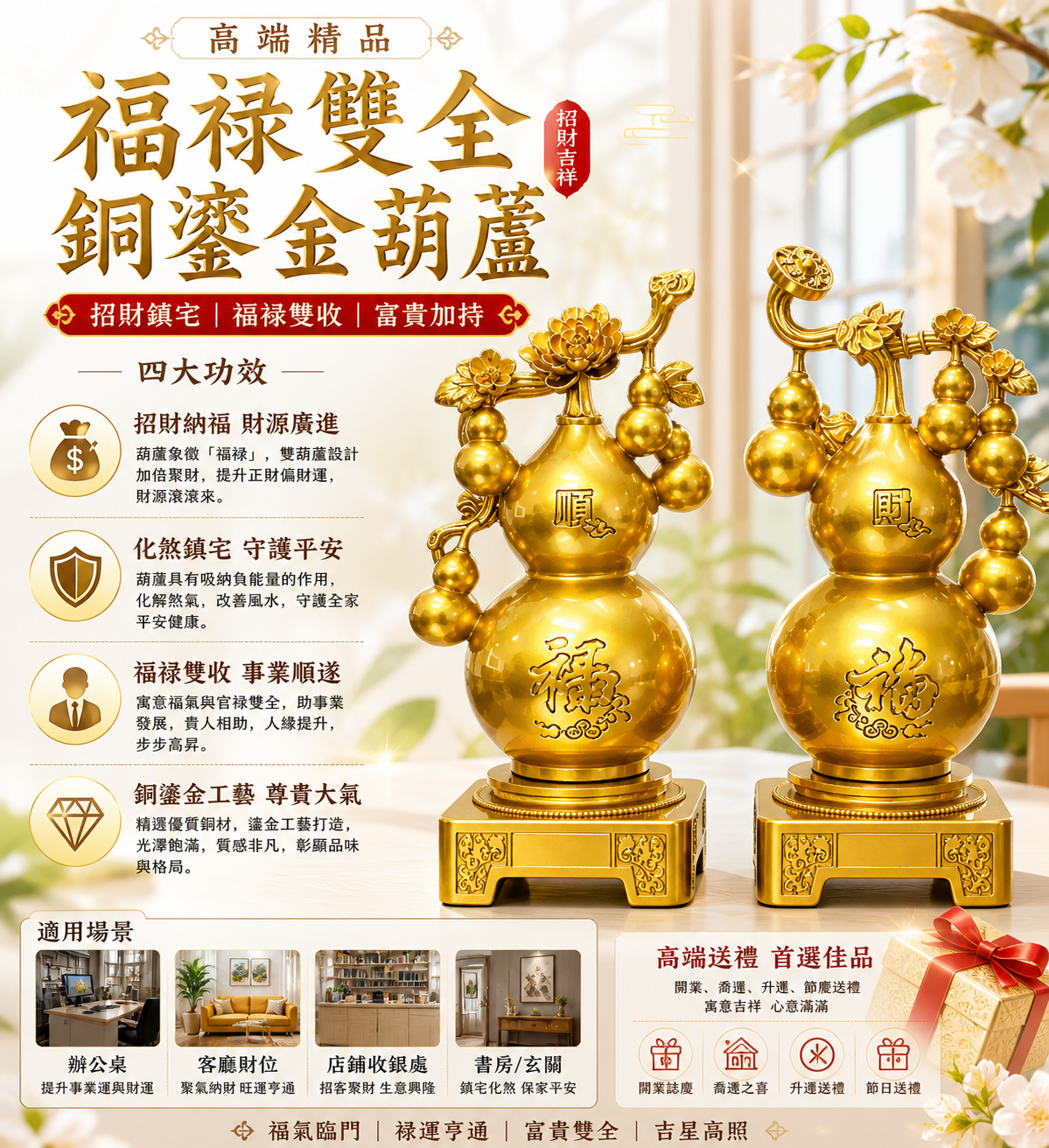 高端精品福祿雙全銅鎏金葫蘆 Luxury Gilded Bronze Fortune & Prosperity Calabash