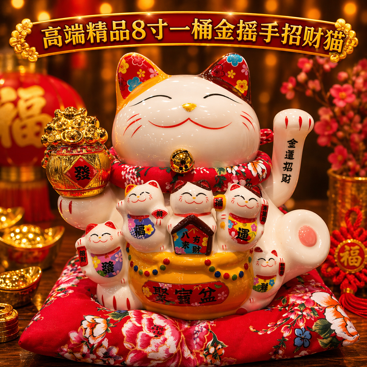高端精品8寸一桶金搖手招財貓