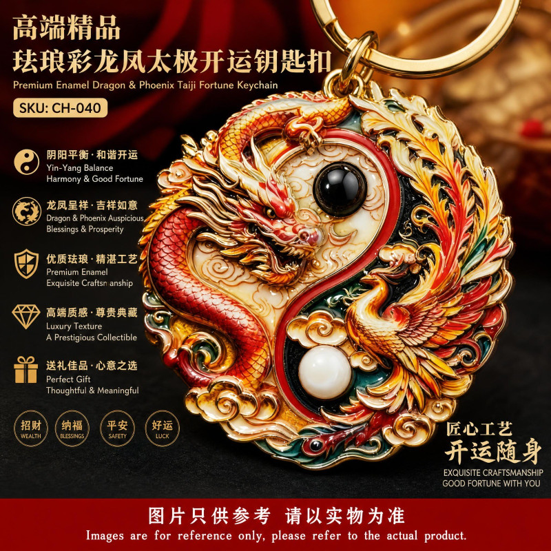 珐琅彩龙凤太极开运钥匙扣 Premium Enamel Dragon & Phoenix Taiji Fortune Keychain